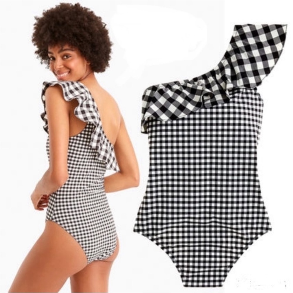 J.Crew Black & White Gingham One-Shoulder Ruffle One-Piece Swimsuit Size 8